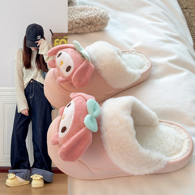 Platform chunky sole white fuzzy slippers - women's outerwear shoes, new autumn/winter 2024 collection, versatile home slippers