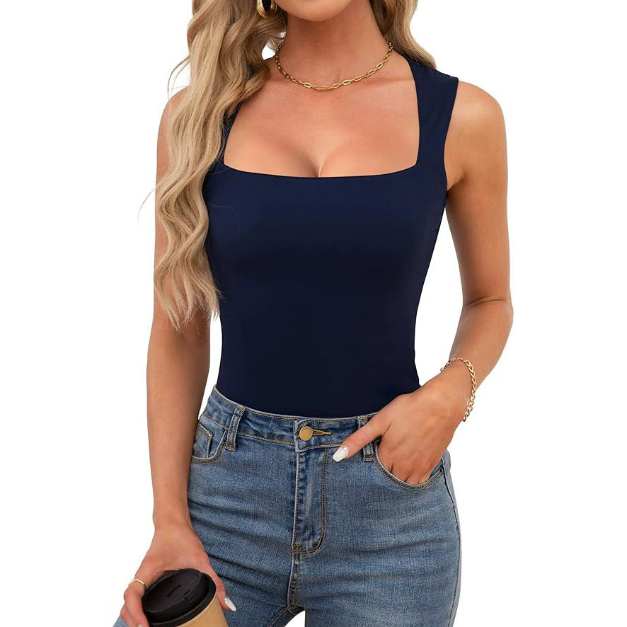 2025 Cross-border European and American Spice Girls Wear Sling Vest Women's Summer Sleeveless Off-Shoulder Square Neck Threaded Shoulder Strap Top Women