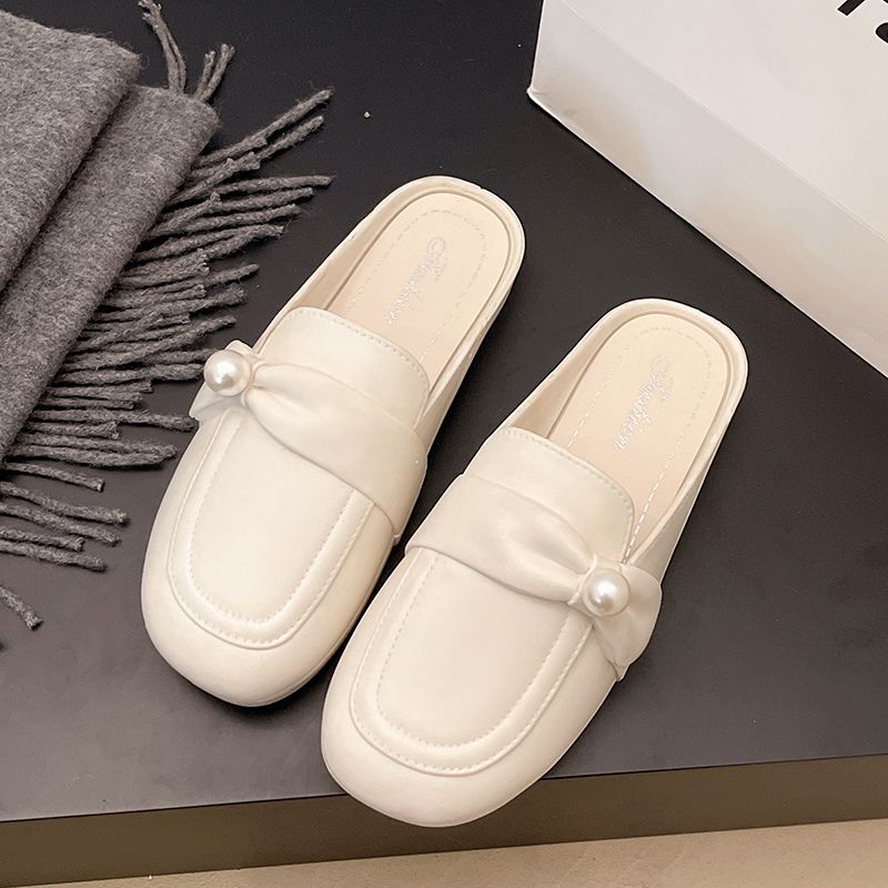 2025 summer new pearl-embellished mule slippers for women, round toe slip-ons, wholesale casual shoes
