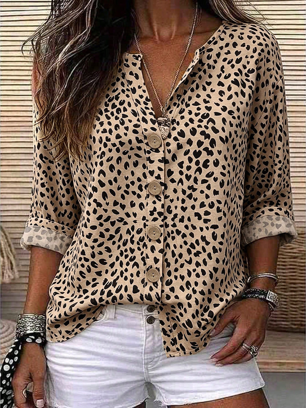 Casual khaki leopard print half placket shirt retro roll sleeves daily work clothingeasiest for match women's clothing 1688 supply