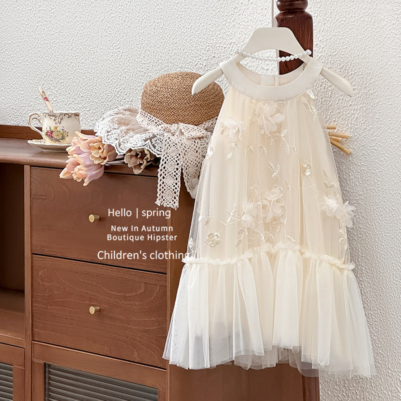 Girls' dress : stylish and ethereal princess dress with 3d floral yarn detail, halter neck fairy dress