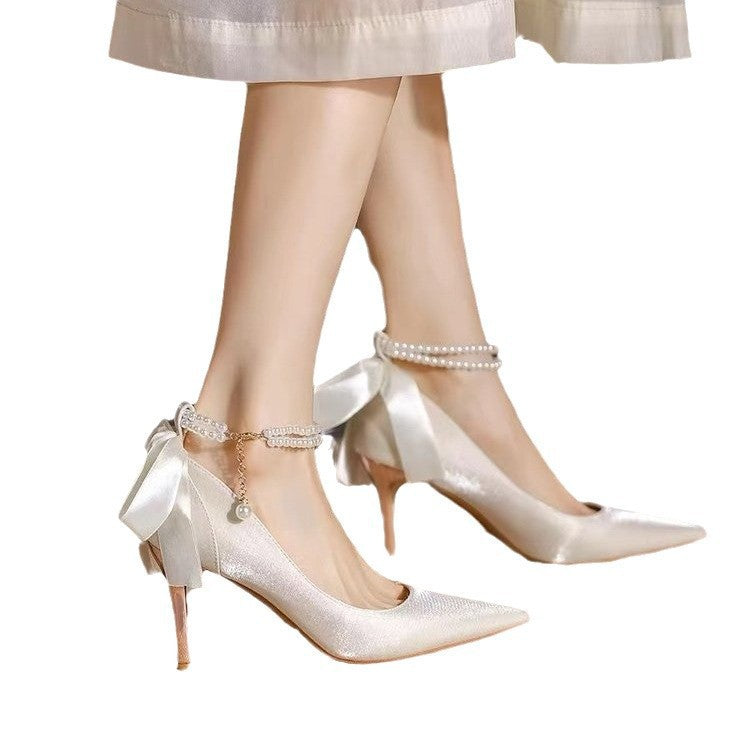 French white high heels women's stiletto wedding shoes with skirt satin wedding shoes bows elegancespring & fall pointed toe flats