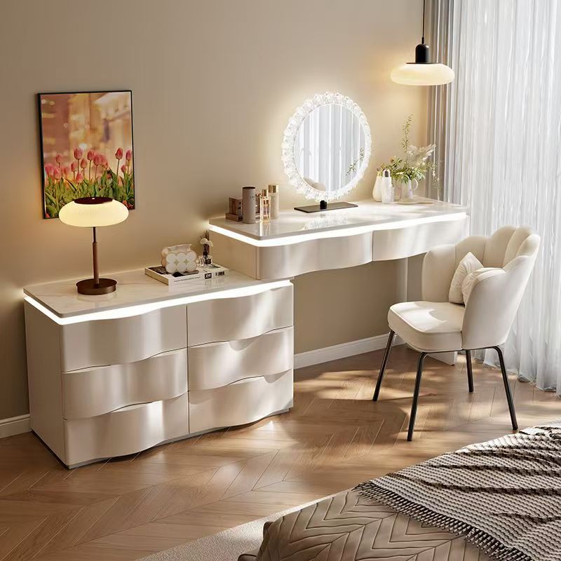 2025 new luxury solid wood vanity table - minimalist bedroom makeup desk with integrated chest of drawers, small storage cabinet, and makeup mirror