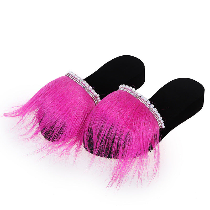 2025 summer new fuzzy slippers women's thick sole slides beach rhinestone pearl wedge flip flops