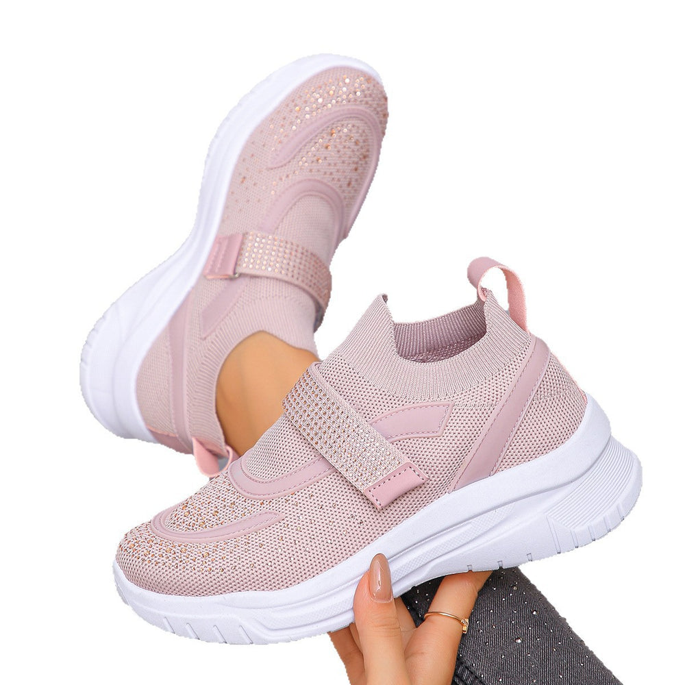 Exportplus sizespring & fallnew arrivalfashion rhinestone deep mouth thick sole breathable beaded velcro fly woven sports casual shoes
