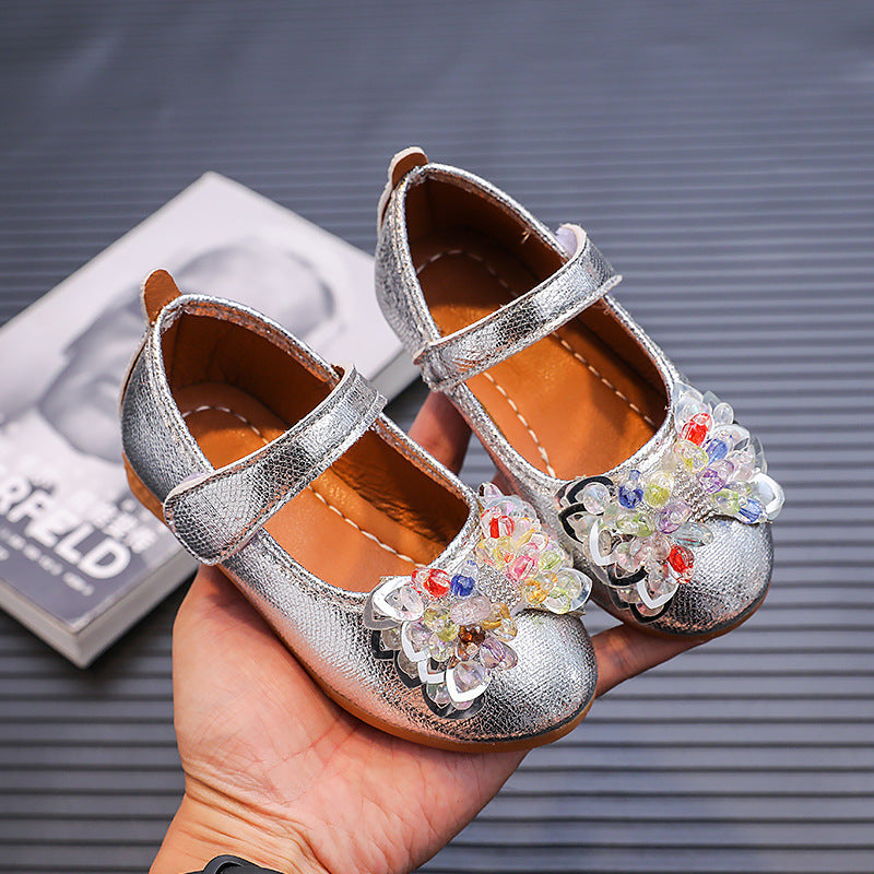 Girls'  spring bowknot soft-soled princess leather shoes for mid-to-large children, velcro closure, wear-resistant and non-slip