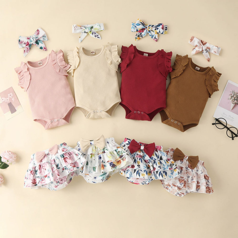 Children's summer kids khaki bag butt skirt girl vest cotton edge floral skirt bows infant short sleeve