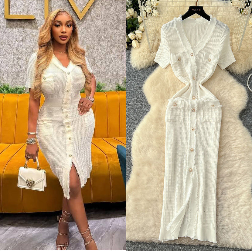 Exportelegance tweed styleretrov neck metal single breasted silmslimming lookelegant hip covering knittingdress spring
