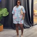 European and american cross-border women's fashion  summer new arrival: stylish turn-down collar printed loose-fit short-sleeve denim shirt and shorts set