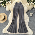K-stylehigh waistdrapedknitting elastic waist wide leg pants women's spring and summerwork clothing styleeasiest for match silm bootcutpants