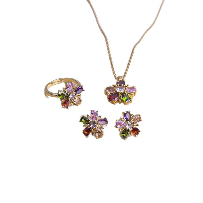 [titanium steel] necklace women's gemstone flower pendant ring earrings suit classy niche clavicle chain earrings jewelry