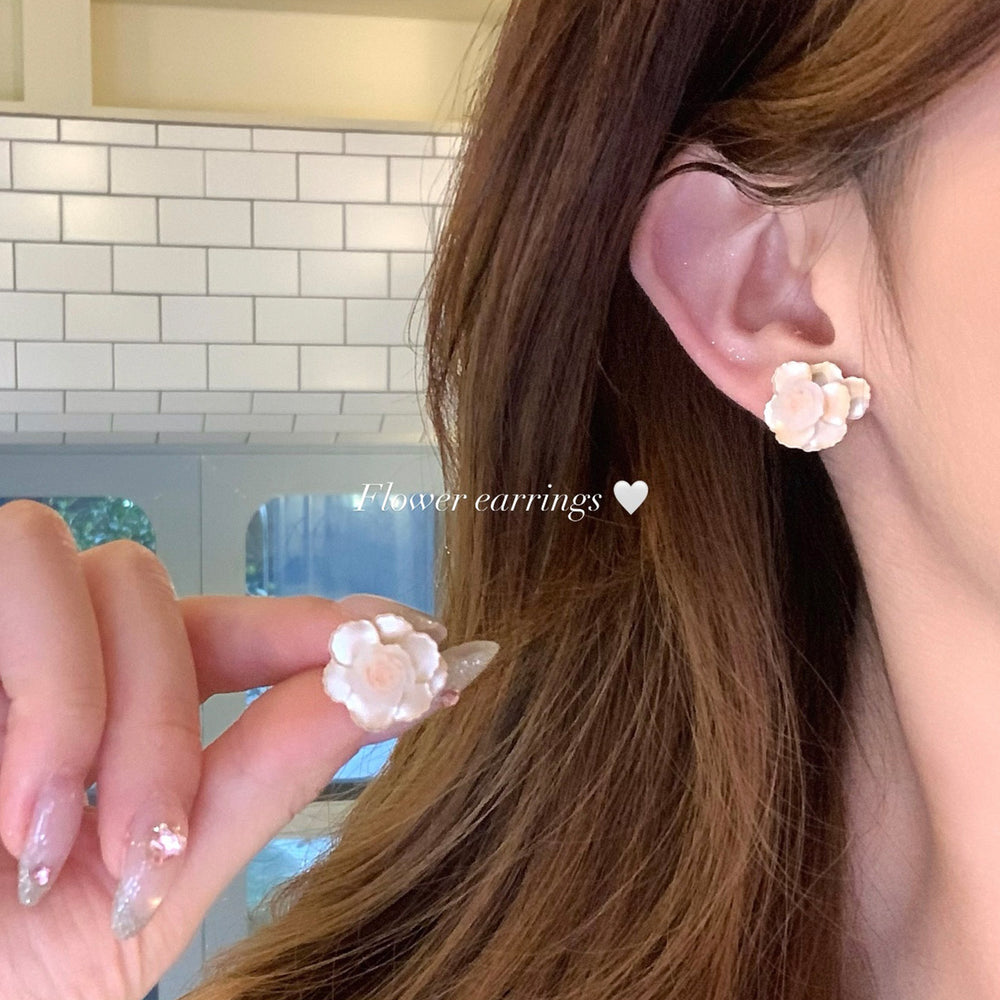 Peach white tea 3d pink camellia earrings - unique, high-end design for women