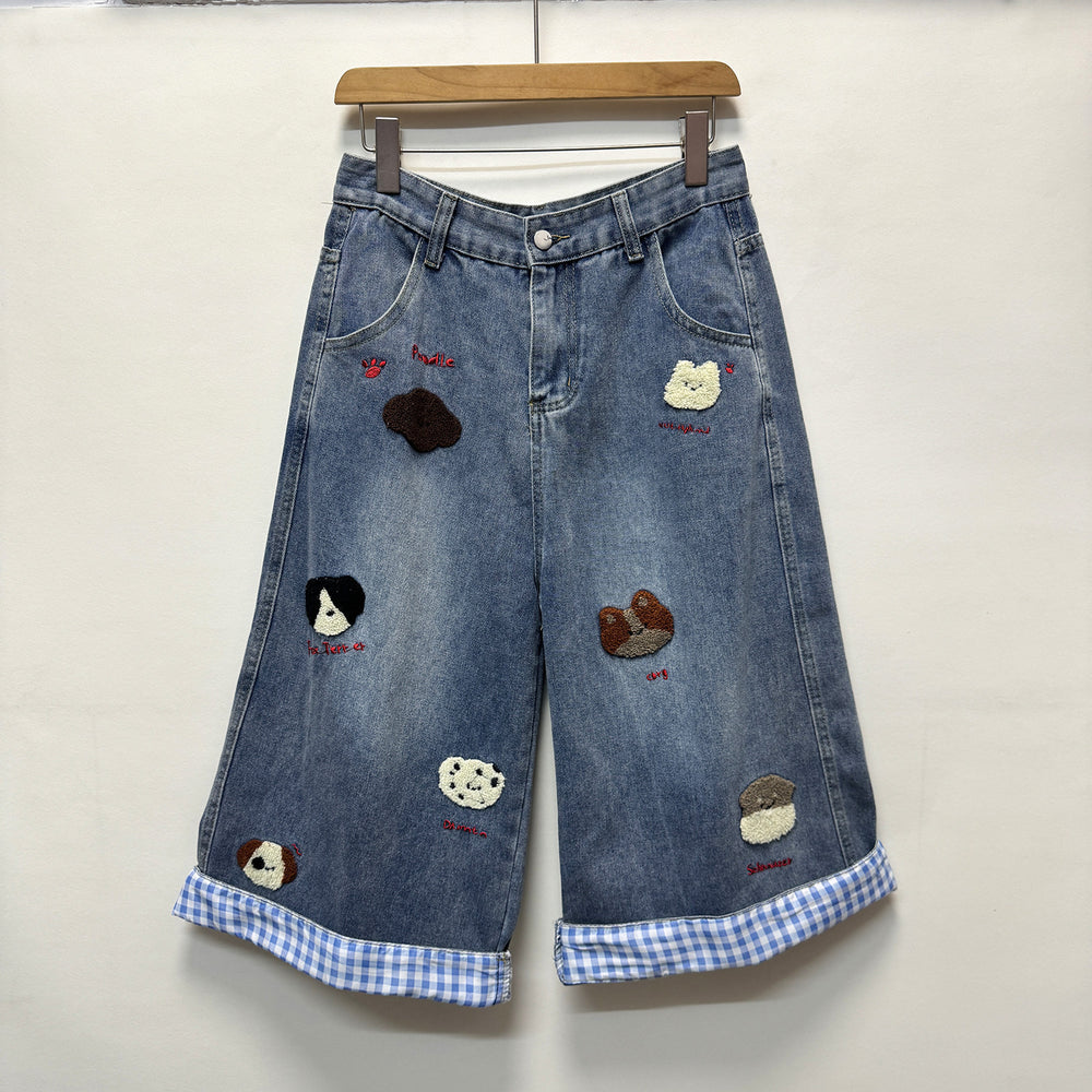 foreign trade  european and american new arrivalretro puppy embroiderplaidpatchwork wide-leg loose cropped jeans for women