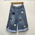 foreign trade  european and american new arrivalretro puppy embroiderplaidpatchwork wide-leg loose cropped jeans for women