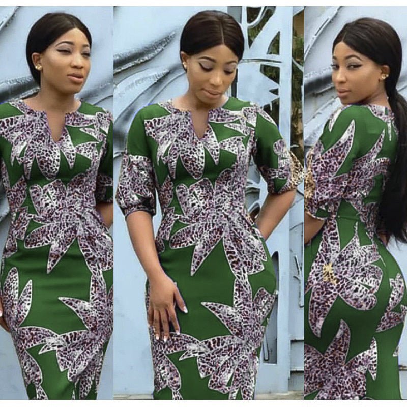 African women's plus size half-open collar dress - leopard print bodycon pencil skirt - available on  &