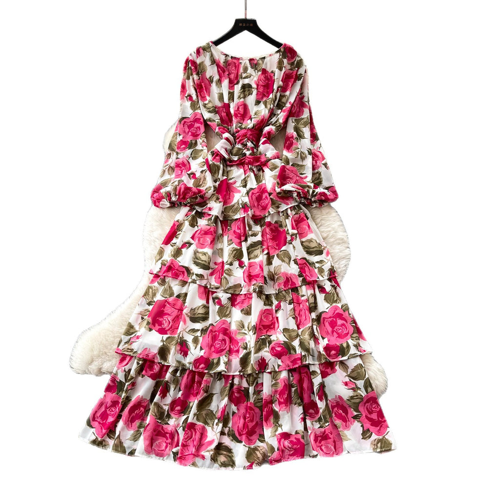 Frenchromantic style lantern sleeve floral dress female autumk-style waist slimming lookruffleselegant cake skirt
