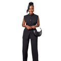 Fashion cross-border women's clothing  summer new arrival stand collar buttoned sleeveless waist tie tops wide leg pants suit