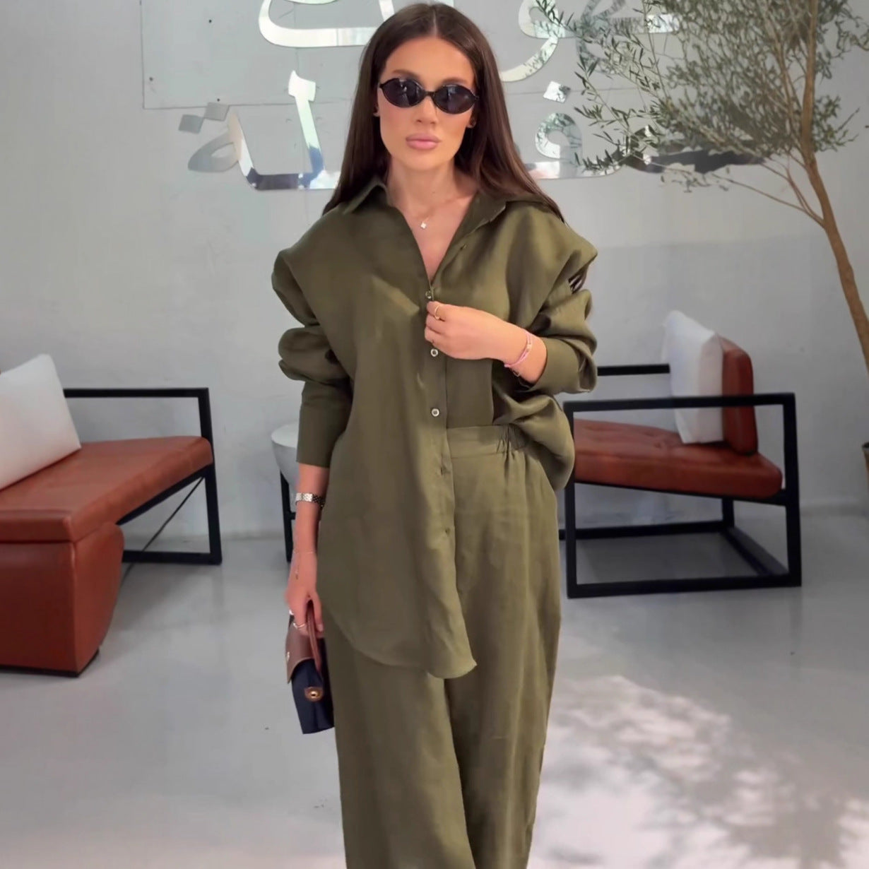 Cross-border European and American solid color long-sleeved cardigan shirt set women's  foreign style fashion women's casual trousers two-piece set