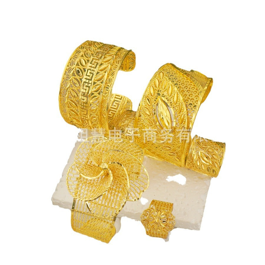 Middle eastern dubai luxury round adjustable gold plated women's bracelet and ring handmade jewelry wedding gift