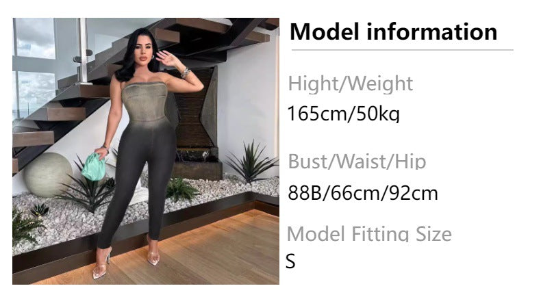 e-commerce: european and american style sexy, instagram-worthy, strapless, gradient, form-fitting, stretch denim jumpsuit