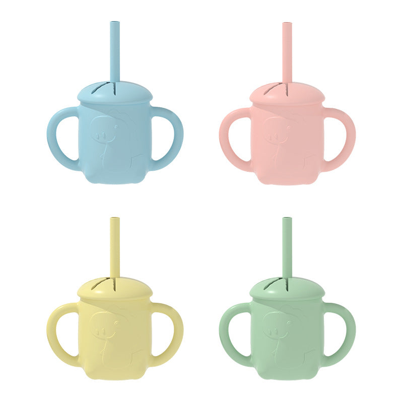 Customized  children's binaural straw cup, silicone water cup, cartoon snack cup, baby learning drink cup, feeding complementary food cup