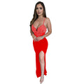C7046 cross-border   fashion women's sleeveless v-neck maxi dress with rhinestone embellishments - new leg-exposed style