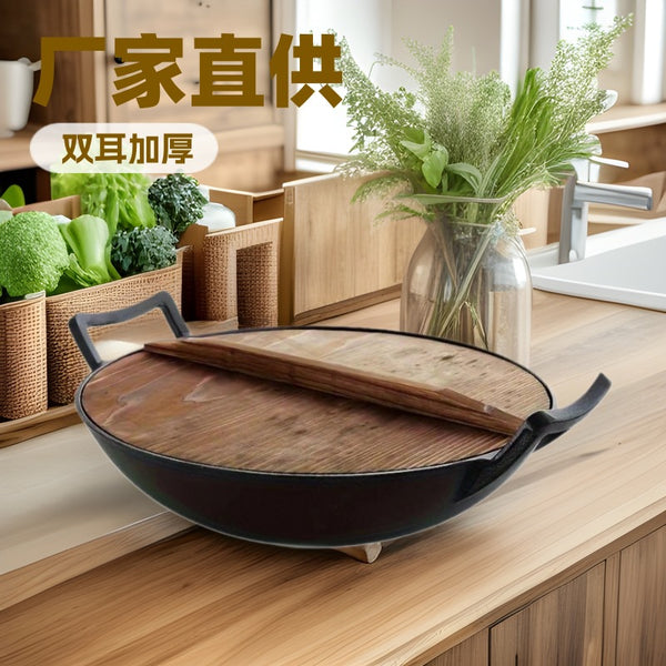 Factory direct sales cast oxygen cast iron uncoated binaural thickened no oil fume non-stick flat bottom wok smoke-free health
