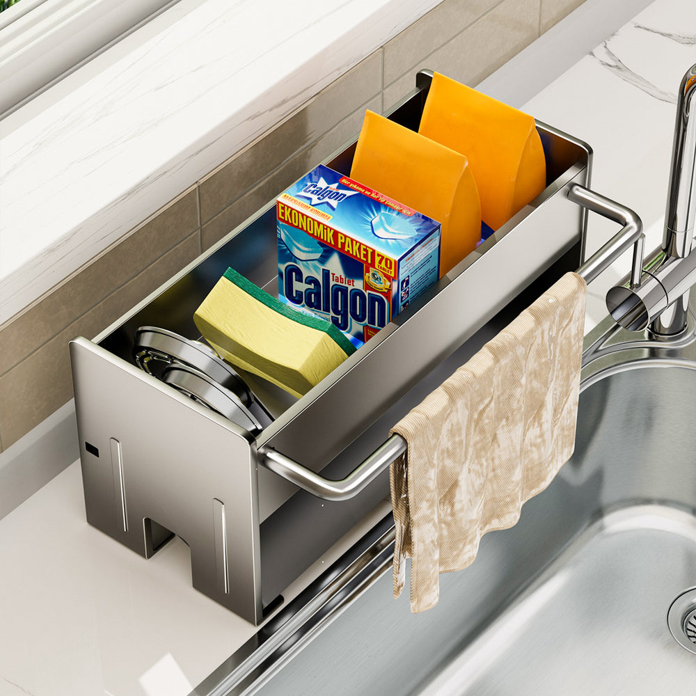 Kitchen sink dishcloth drain rack - multifunctional organizer for sink area, holds sponges, scrubbers, and dish soap