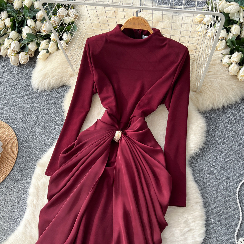 Elegant and chic semi-high neck pleated long sleeve dress - women's red, slim-fit, a-line maxi dress with figure-flattering waist