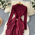 Elegant and chic semi-high neck pleated long sleeve dress - women's red, slim-fit, a-line maxi dress with figure-flattering waist