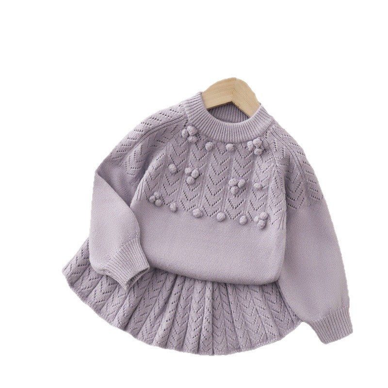 Kids' knit sweater dress set -  autumn new collection - handmade floral knit two-piece set - sweet girl's sweater outfit