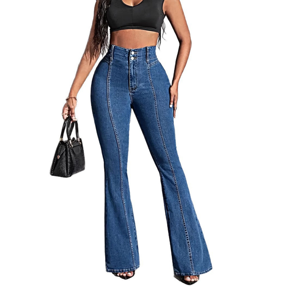 Fashionexport cross-border women's new arrivalspring & fall front and rear patchwork high-looking slimming look stretch mid-waist flared jeans