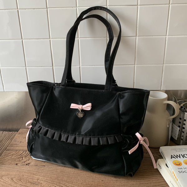 Korean satin ballet girl wind wrinkled bow shoulder bag 2025 women's large-capacity pearlescent women's bag tote bag