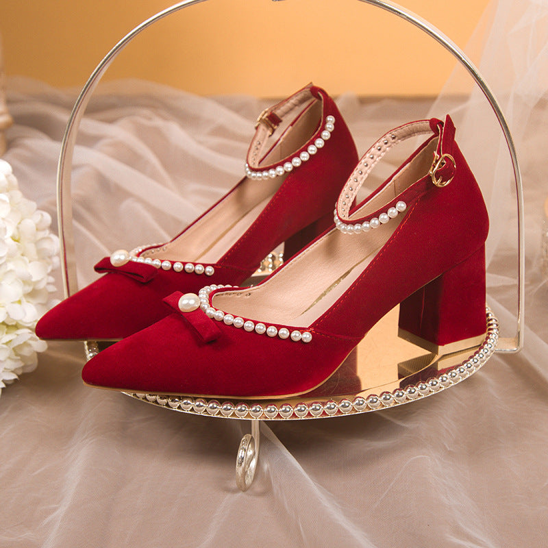 Bridal shoes 2022 new arrival red high heels french wedding shoes xiuhe wedding dress two-wear thick heel flats