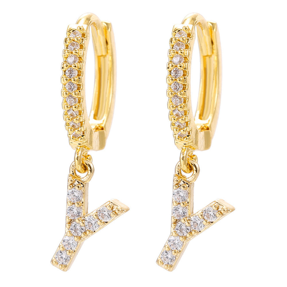 European and american gold-plated micro-paved zircon 26-letter initial pendant earrings - fashionable, unique, high-end, and chic hoop earrings with tassel detail