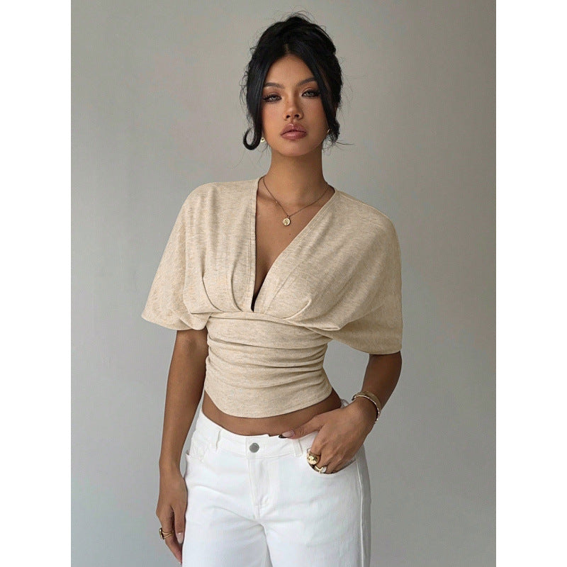 Women's light grey v-neck knotted short sleeve cropped t-shirt, ladies' summer casual wear