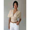 Women's light grey v-neck knotted short sleeve cropped t-shirt, ladies' summer casual wear