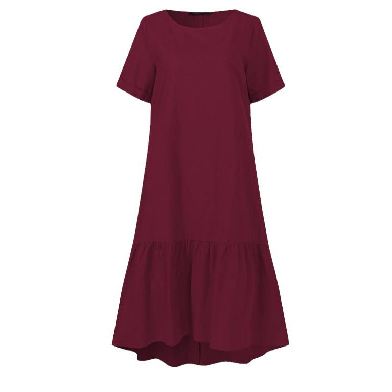 cross-border solid color crew neck short sleeve cotton pullover ruffle hem midi dress for women