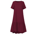 cross-border solid color crew neck short sleeve cotton pullover ruffle hem midi dress for women