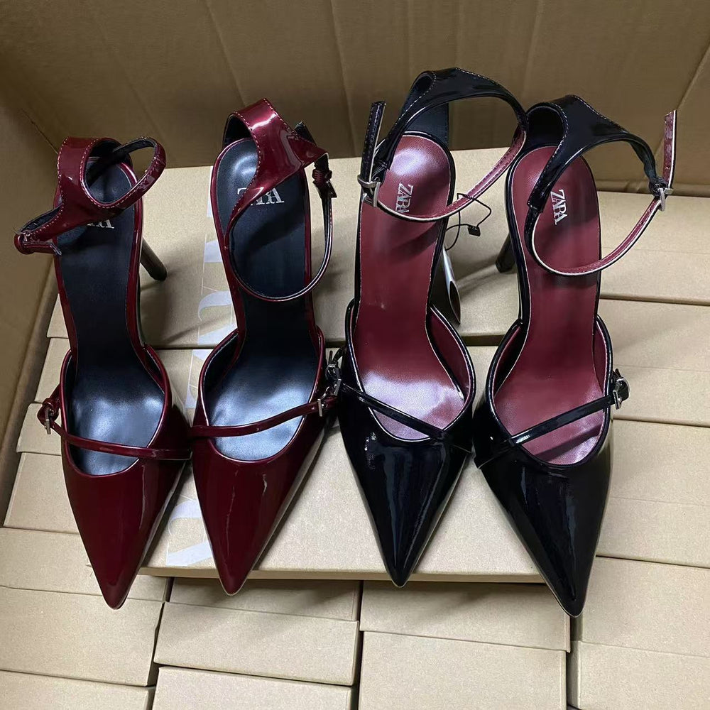 Zaautum new products 2024 pointed toe shoes women's patent leather stiletto wine red women's shoes high heels buckle shallow mouth hollow sandals