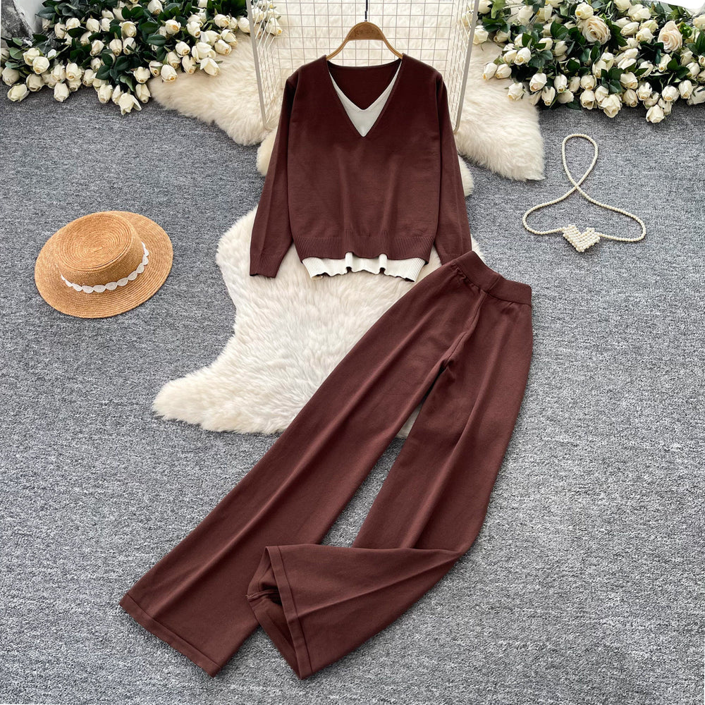 Commuting style long sleevespatchworkv neckknitting shirttwo-piece setfemale autumslimslimming lookloose pantslazysuit light and mature