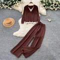 Commuting style long sleevespatchworkv neckknitting shirttwo-piece setfemale autumslimslimming lookloose pantslazysuit light and mature