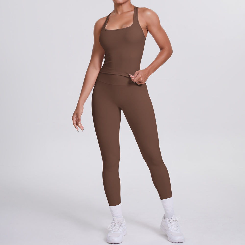 fashion double-sided brushed pure color tight i-shaped back sports suit running fitness yoga clothes two-piece set