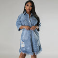 Amazon independent station  cross-border women's clothing new arrival denim outwear ripped tassel short-sleeved lapel fashion trendy