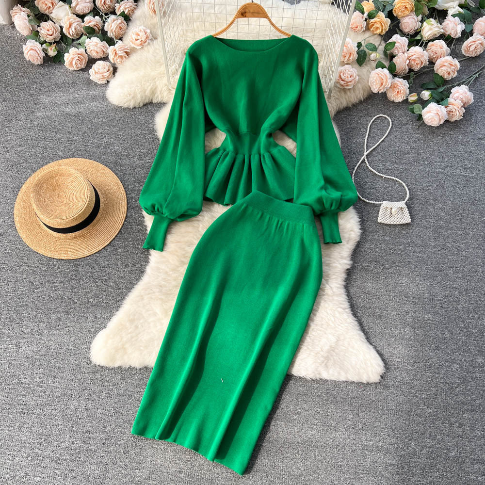 Autumn/winter french chic two-piece set: designer ruffle-trimmed lantern sleeve top + bodycon midi skirt