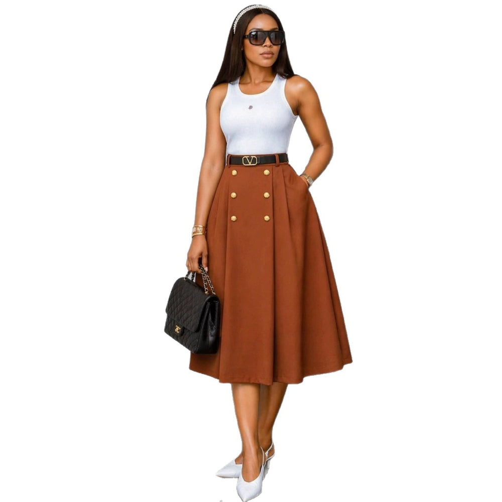 European and american cross-border women's fashion:  summer new arrival - elegant commute high-waisted slimming solid color double-breasted a-line midi skirt