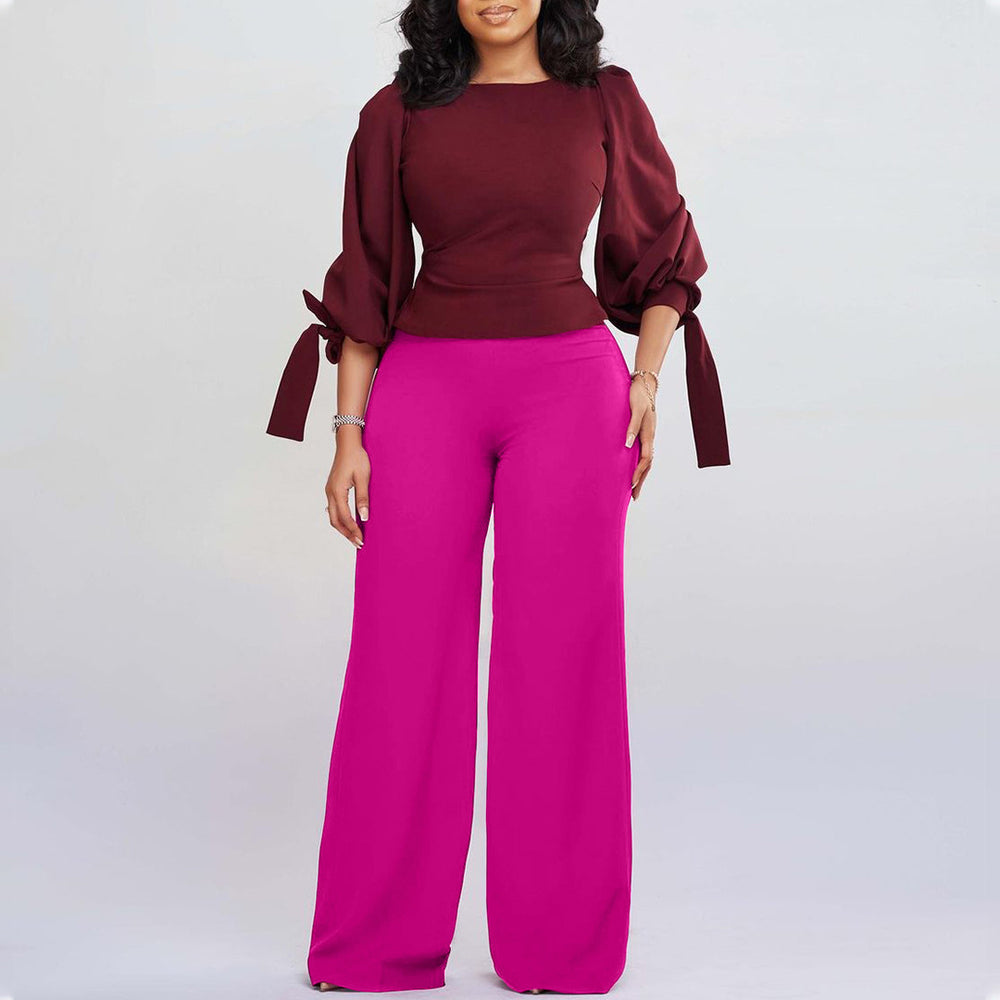 D337export women's clothing new arrivalcasualsuitlooseplus size strappy topshigh waistloose pantsfashiontwo-piece set