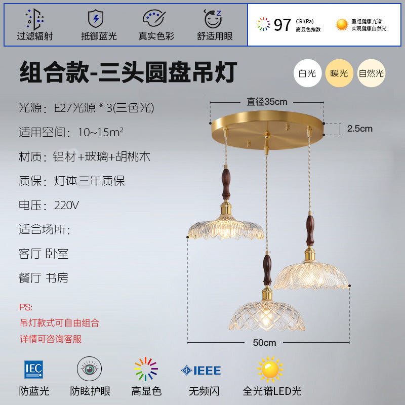 French Internet celebrity three head restaurant lights retro Japanese aluminum glass chandelier walnut dining room dining table bar lighting