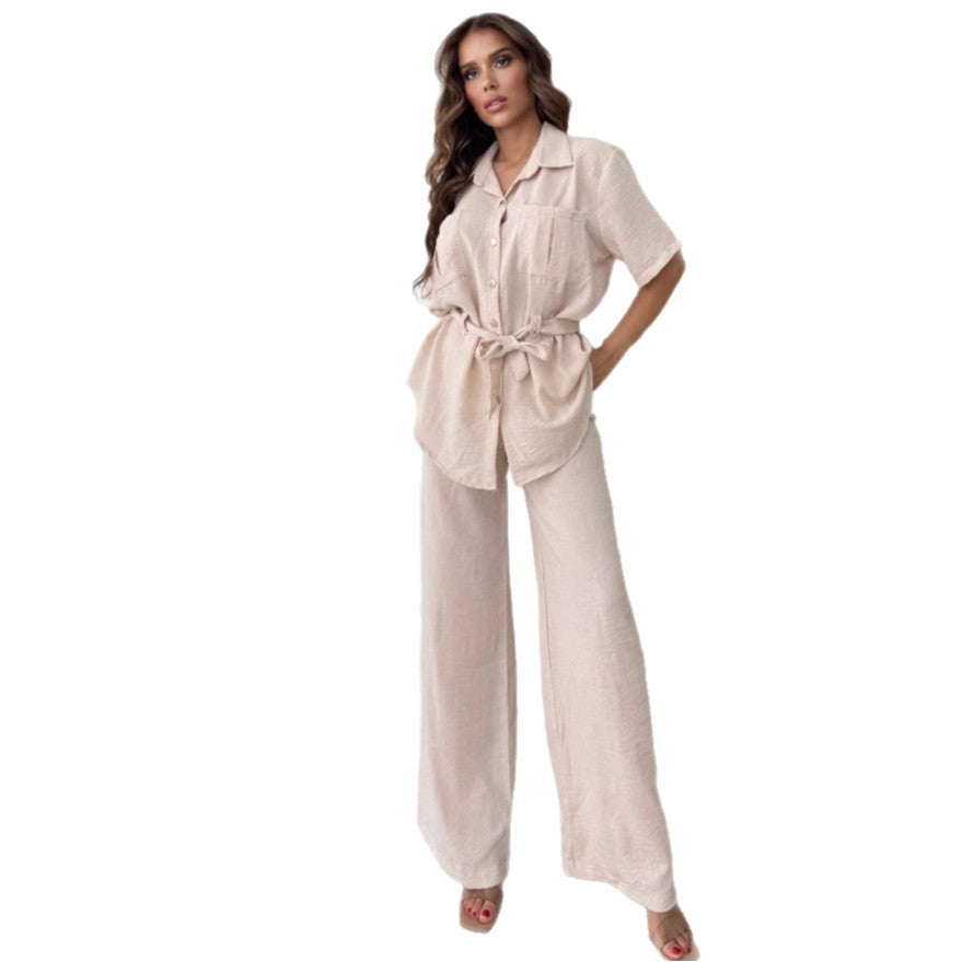 Cross-border European and American women's clothing lapel slim strap cardigan shirt high waist wide leg trousers  solid color two-piece set women