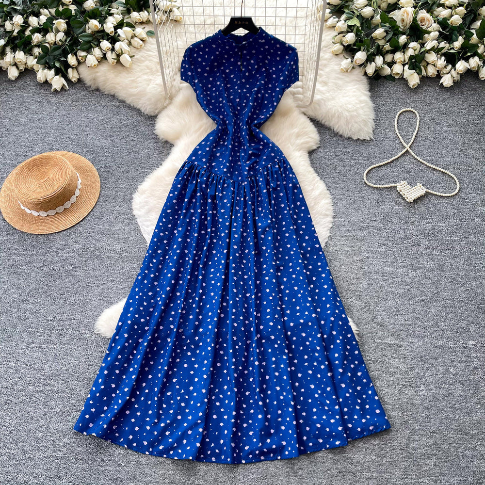 Vintage red short-sleeve polka dot dress - a versatile summer staple: high-waisted a-line, work-ready, slimming maxi dress
